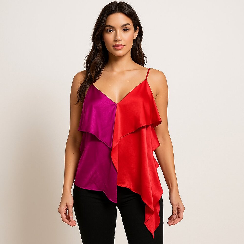 Chelsea and Walker (NWOT) Women's Asymmetrical Ruffle Silk Top Spaghetti Strap 4